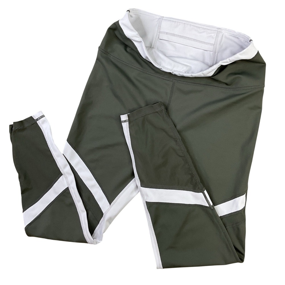 Allfenix Contrast Striped‎ Athletic Leggings Womens L Olive Green Compression